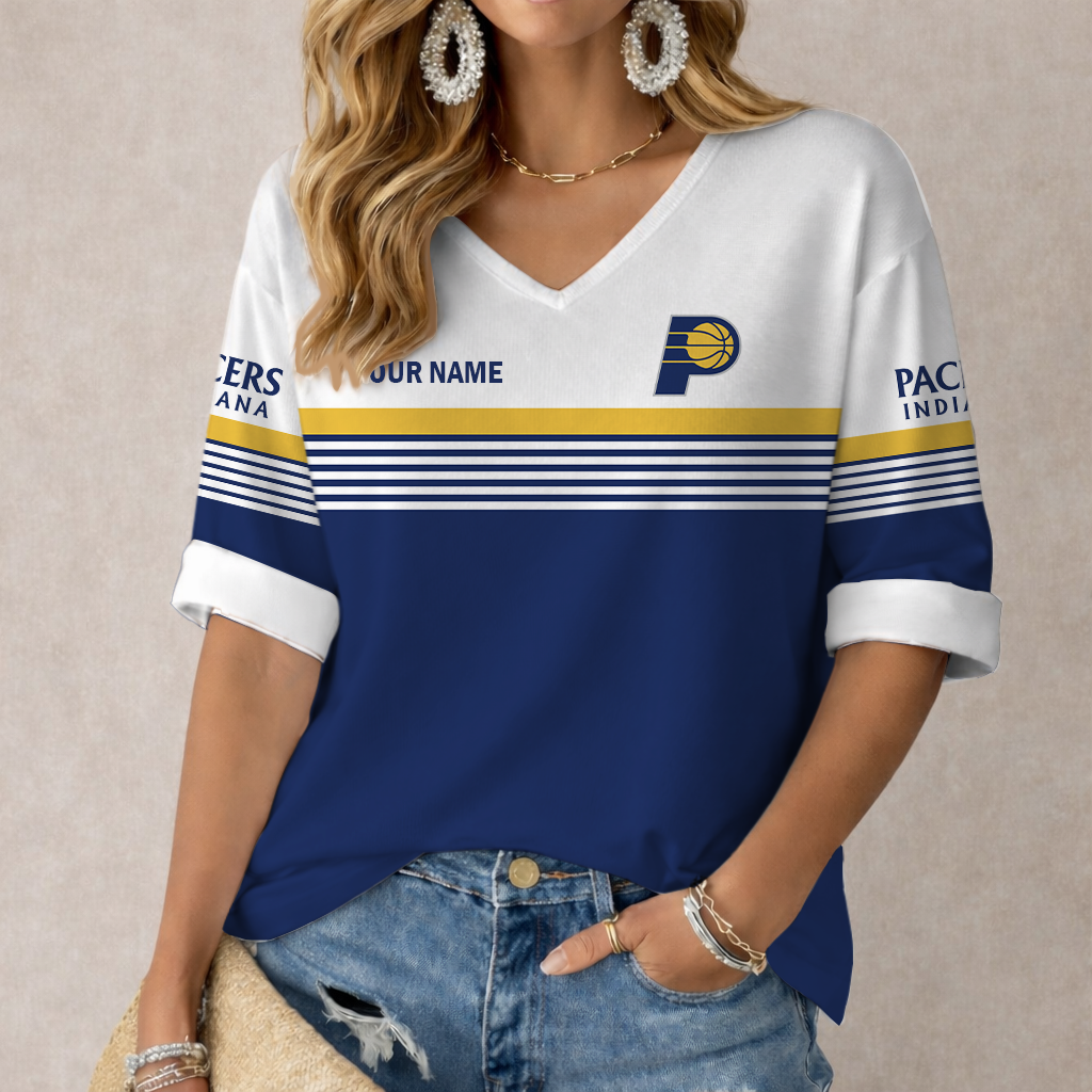 LIMITED EDITION - NEW CUSTOMIZED NBA06 IPA INDIANA PACERS WOMEN'S HEART V-NECK LONG SLEEVE SHIRT