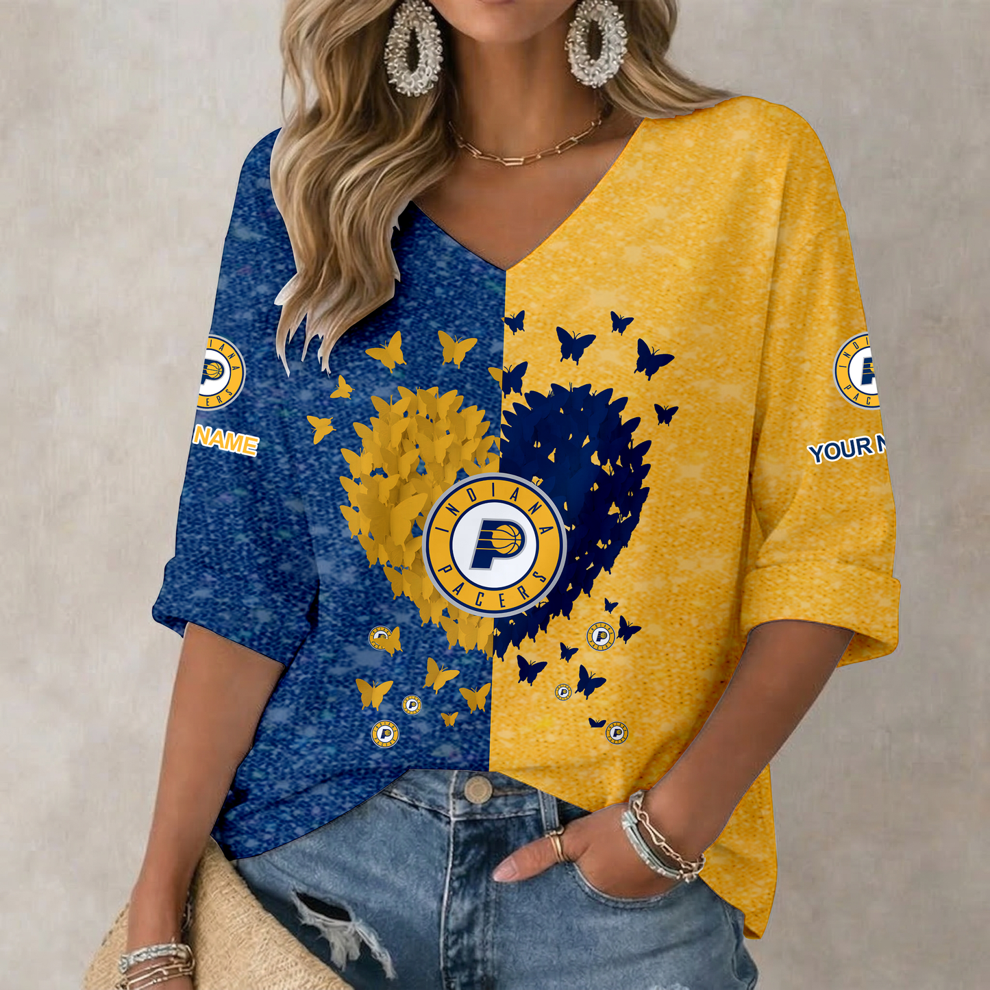 LIMITED EDITION - NEW CUSTOMIZED NBA06 IPA INDIANA PACERS WOMEN'S HEART V-NECK LONG SLEEVE SHIRT