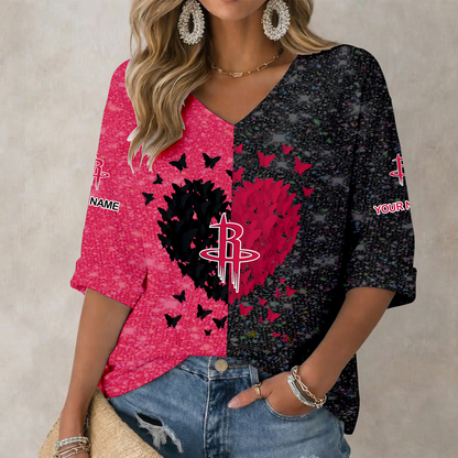 LIMITED EDITION - NEW CUSTOMIZED NBA07 HRO HOUSTON ROCKETS WOMEN'S HEART V-NECK LONG SLEEVE SHIRT