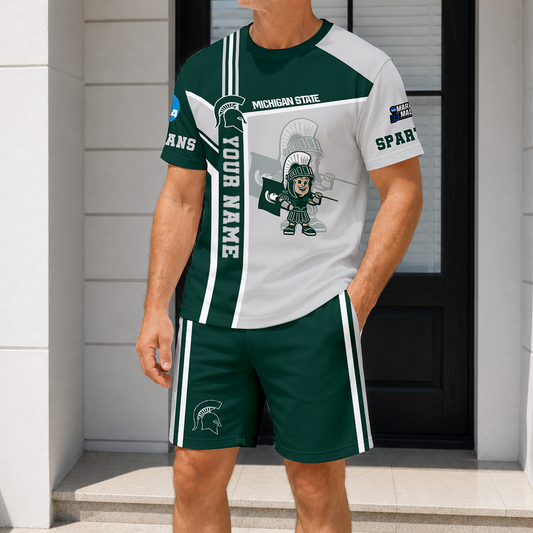 ELITE EDITION - NEW CUSTOMIZED NCAA MAM07 MSS MICHIGAN STATE SPARTANS T-SHIRT & SHORT PANTS SET