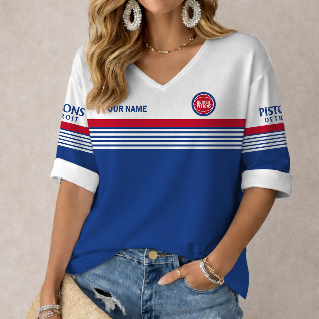 LIMITED EDITION - NEW CUSTOMIZED NBA14 DPI DETROIT PISTONS WOMEN'S HEART V-NECK LONG SLEEVE SHIRT