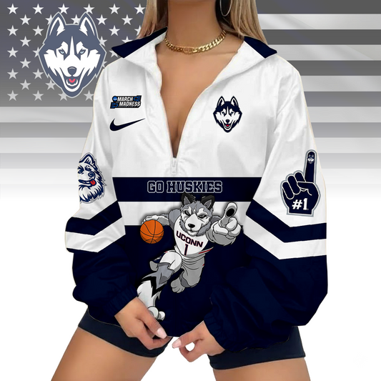 LIMITED EDITION - NEW CUSTOMIZED MAM NCAA21 UCH UC HUSKIES V-NECK ZIPPER SWEATSHIRT JACKET