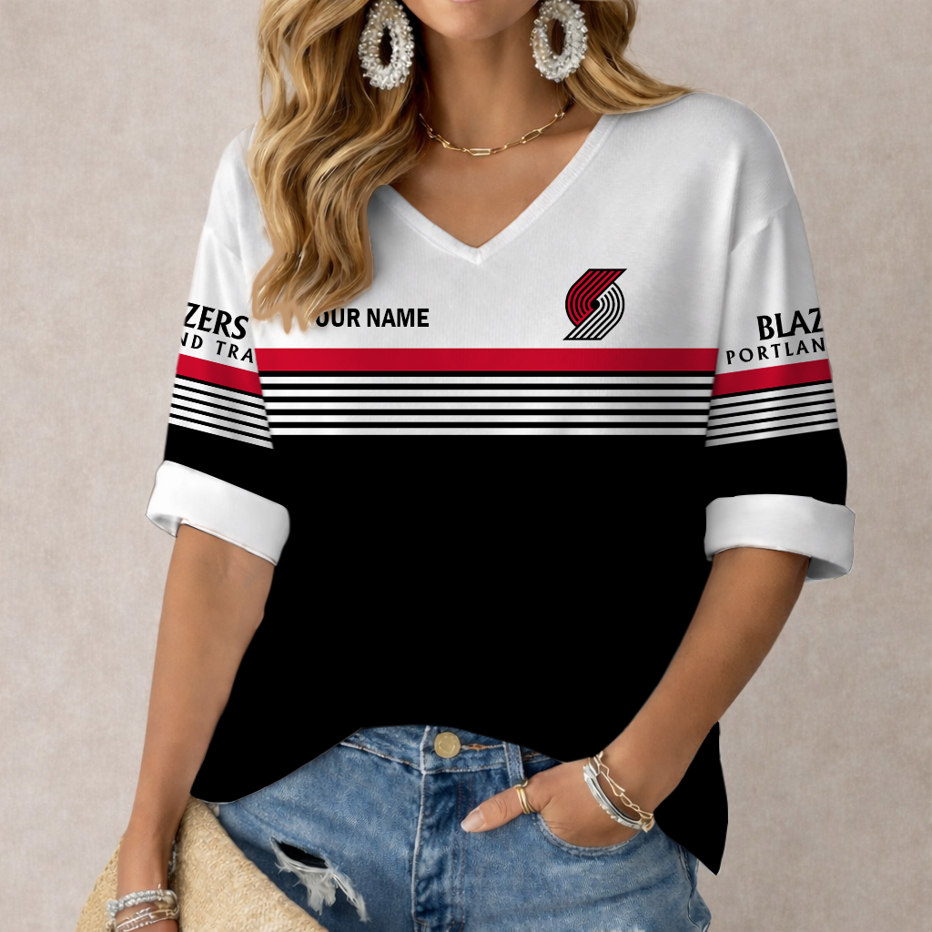 LIMITED EDITION - NEW CUSTOMIZED NBA22 PTB PORTLAND TRAIL BLAZERS WOMEN'S HEART V-NECK LONG SLEEVE SHIRT