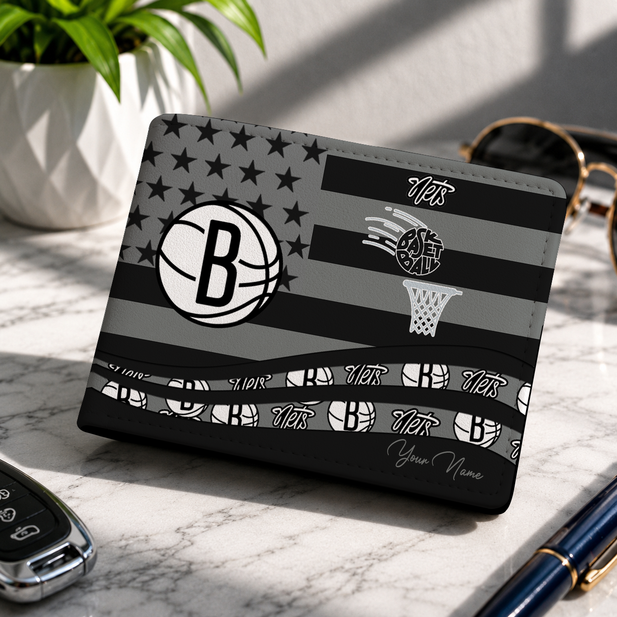 LIMITED EDITION - NEW CUSTOMIZED NBA25 BNE BROOKLYN NETS LEATHER WALLET