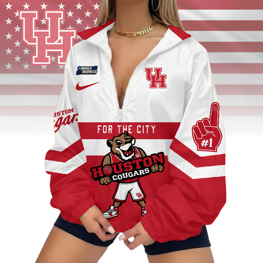 LIMITED EDITION - NEW CUSTOMIZED MAM NCAA26 HOC HO COUGARS V-NECK ZIPPER SWEATSHIRT JACKET