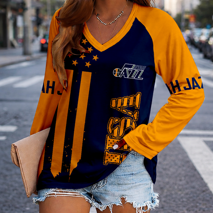 LIMITED EDITION - NEW CUSTOMIZED NBA29 UJZ UTAH JAZZ WOMEN'S V-NECK LONG SLEEVED SHIRT