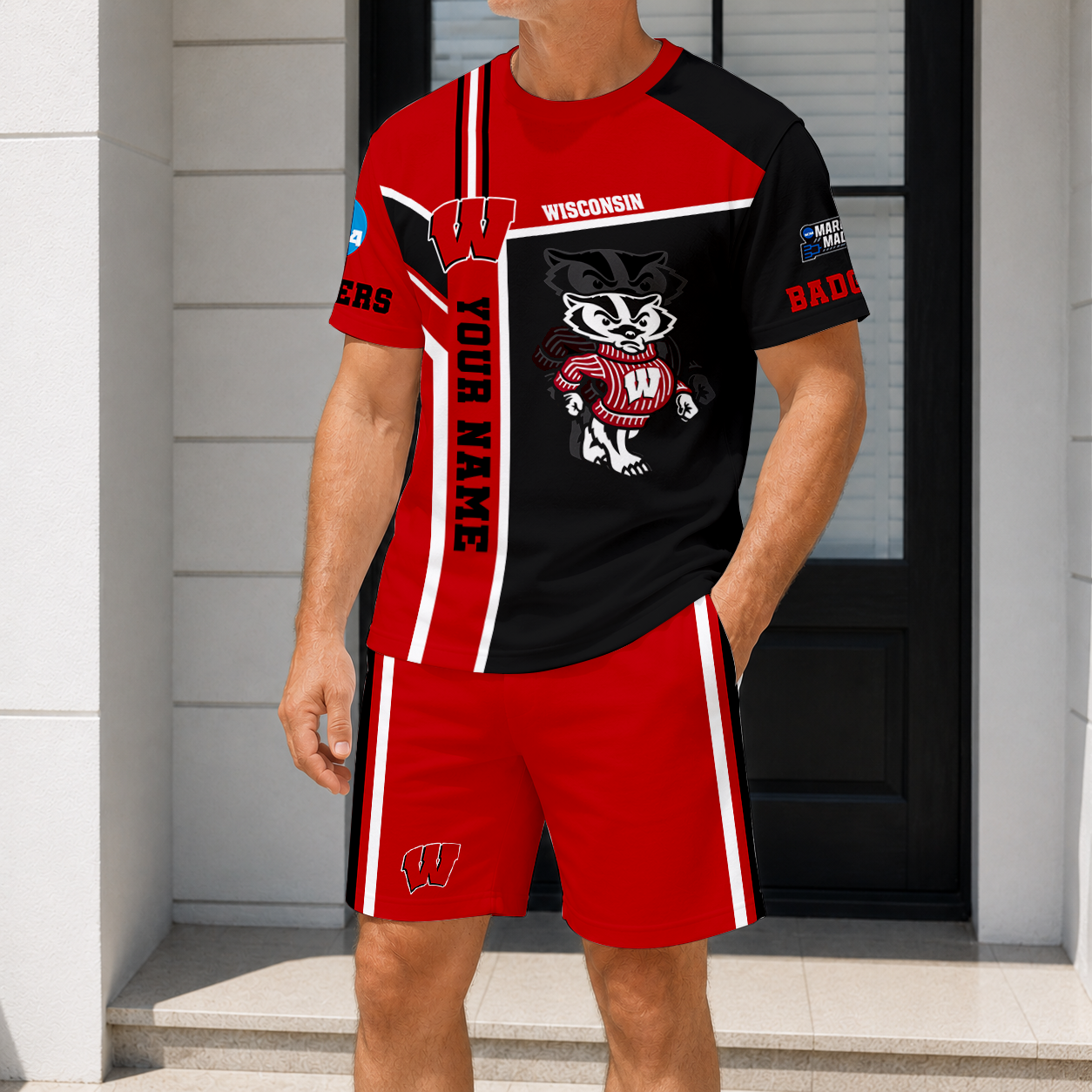 ELITE EDITION - NEW CUSTOMIZED NCAA MAM29 WSB WISCONSIN BADGERS T-SHIRT & SHORT PANTS SET