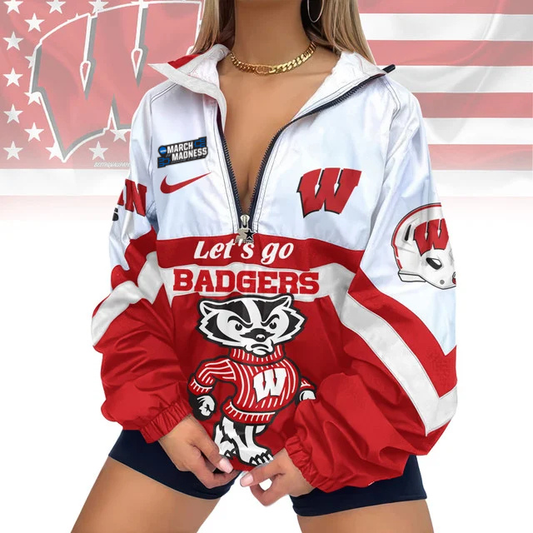 LIMITED EDITION - NEW CUSTOMIZED MAM NCAA29 WSB WS BADGERS V-NECK ZIPPER SWEATSHIRT JACKET